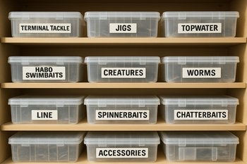 Стеллаж с коробками для снастей, на краях видны небольшие подписи маршрутов