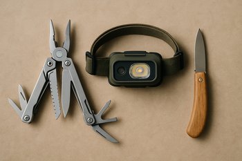 Нож, фонарь и блокнот разложены рядом на столе