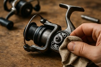 Катушка и мягкая ткань лежат на столе в зоне чистки снастей