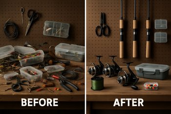 Стол до и после чистки снастей, на фото заметно отличие в порядке