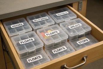 Выдвинутый ящик с аккуратно сложенными коробками снастей