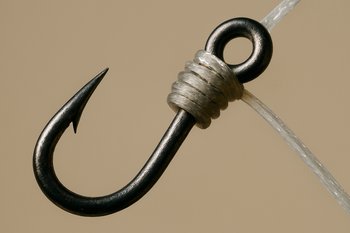 Крупный план крючка, привязанного к леске, на тёмном фоне