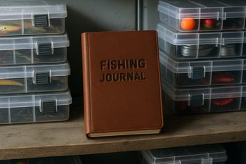 Закрытый дневник стоит на полке среди коробок со снастями