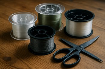 Катушки с рыболовными шнурами лежат на столе рядом с ножницами