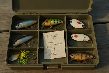 Открытая коробка с приманками, внутри лежит маленький лист с пометками маршрутов