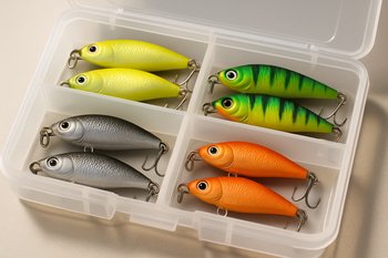 Небольшая коробка с рассортированными приманками по цвету и весу