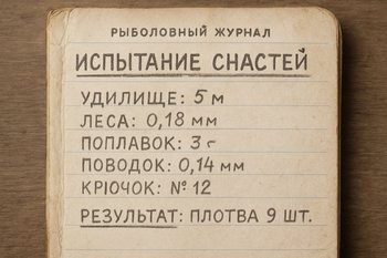 Страница блокнота с записанными результатами испытаний снастей