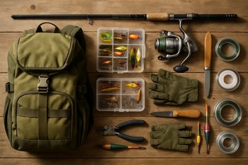 Вещи для рыбалки разложены полосой на столе перед упаковкой в рюкзак