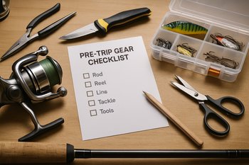 Стол перед выездом: снасти и дневник разложены перед упаковкой