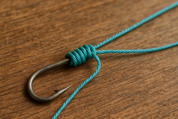 Перевязанный узел на леске лежит на столе рядом с обрезками