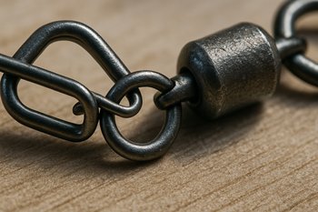 Крупный план вертлюга и застёжки на рыболовном монтаже