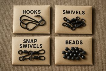 Небольшие конверты с подписями лежат на столе, внутри запасные детали