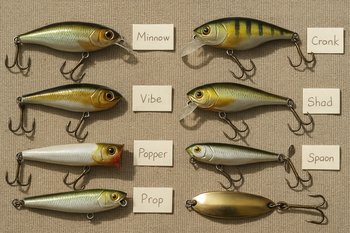 Несколько приманок разложены на коврике с пометками маркером