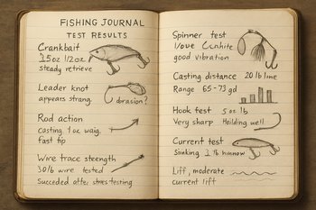 Открытый блокнот с короткими записями тестов снастей и временем выхода