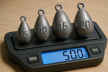 Небольшие рыболовные грузила разложены на узкой полоске весов