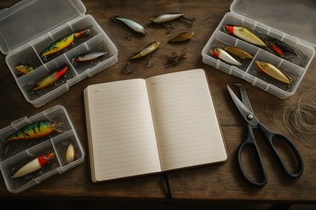 Рыболовный рабочий стол с дневником, ножницами и коробками с приманками