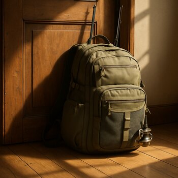 Собранный рюкзак стоит у двери, рядом лежат удилища и свернутый плащ