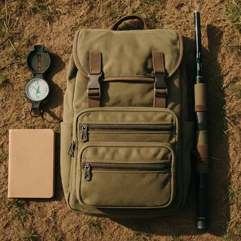 Открытый рюкзак рыболова сверху, видны аккуратно разложенные коробки и термос