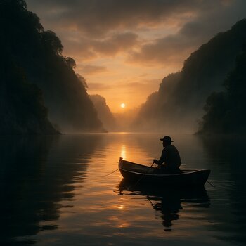 Лодка с одним рыболовом у узкой бухты на рассвете, свет отражается в спокойной воде