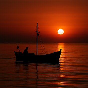 Силуэт лодки с рыболовом на фоне тёплого вечернего неба