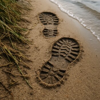 Следы сапог на узкой песчаной полосе у воды, рядом примятая трава