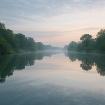Небольшая лагуна с неподвижной водой, утренний туман висит над берегом