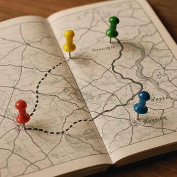 Цветные булавки и мелкие значки на странице блокнота с нарисованной береговой линией