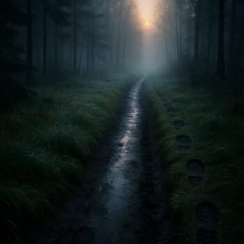 Узкая тропа в полутёмном лесу, по краям влажная трава и следы сапог