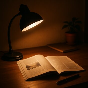 Рабочий стол вечером, настольная лампа освещает открытый рыболовный дневник и карту