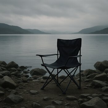 Пустой складной стул стоит на каменистом берегу у спокойной воды