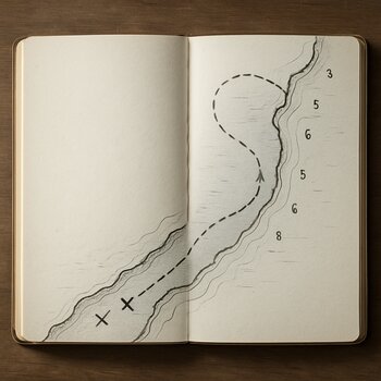 Разворот блокнота с наброском маршрута и пометками глубин у берега
