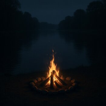 Небольшой костёр горит недалеко от берега реки, в темноте виден только круг света
