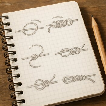 Страница блокнота крупным планом с нарисованными рыболовными узлами