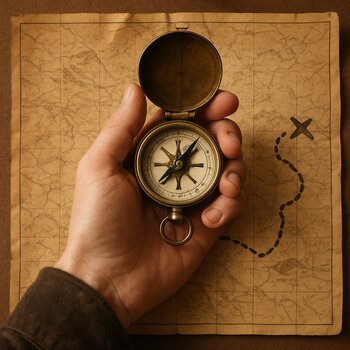 Рука держит компас над старой картой берега с отмеченным маршрутом