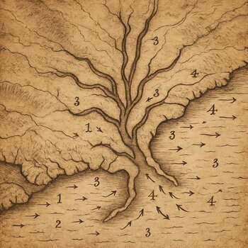 Фрагмент карты с дельтой и несколькими рукавами реки, отмечены глубины и стрелки течения