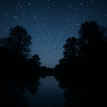 Берег реки ночью, над водой видны редкие звёзды и силуэты деревьев
