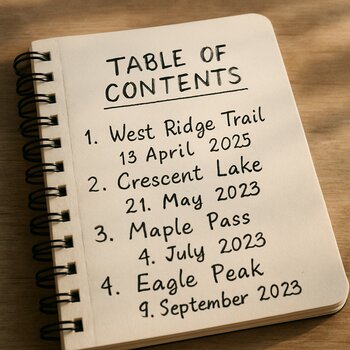 Открытый блокнот с рукописным оглавлением рыболовных поездок и номерами страниц