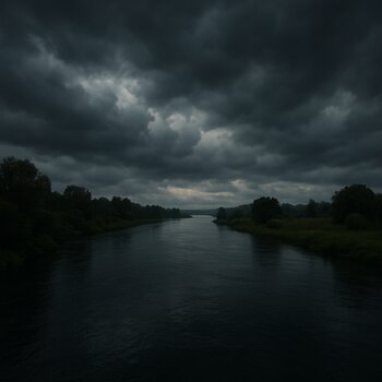 Широкая река под серым ровным небом, берег едва виден в дальнем тумане