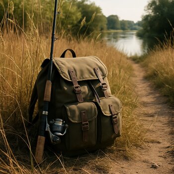 Рюкзак рыболова лежит в подсохшей высокой траве рядом с тропой к реке