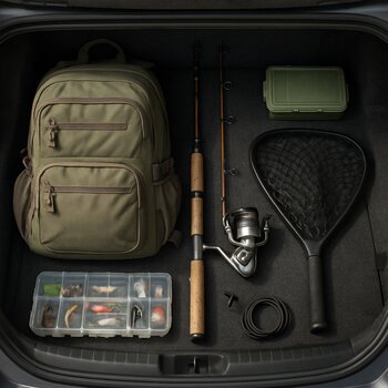 Собранный рюкзак стоит в багажнике автомобиля рядом с удилищами