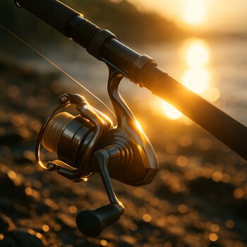 Катушка рыболовного удилища подсвечена первым солнечным лучом на берегу