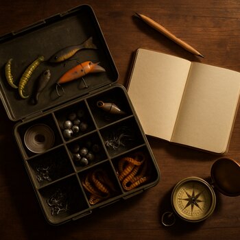 Коробка с грузами и вертлюгами стоит на столе рядом с карандашными заметками