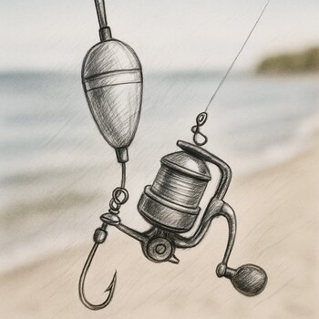 Блокнот с наброском оснастки лежит на колене рыболова у воды