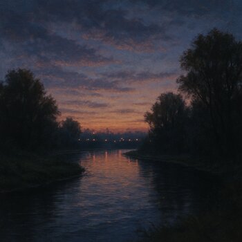 Излучина реки в вечернем сумраке, огоньки города едва видны за линией деревьев