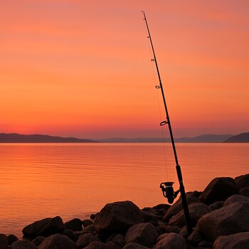 Каменистый мыс у реки на закате, свет цепляется за выступающие камни