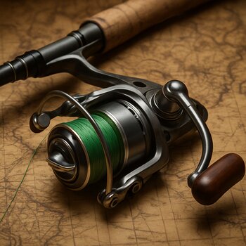 Катушка и удилище крупным планом на фоне старой бумажной карты