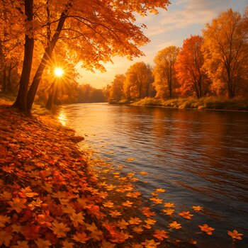 Осенняя река с опавшими листьями на кромке воды и туманом над дальним берегом