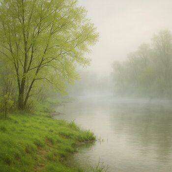 Берег реки ранней весной, на краю воды лежат остатки льда