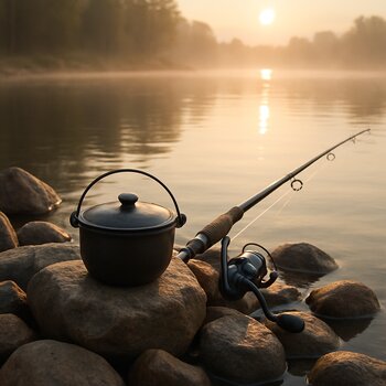 Небольшой котелок стоит на камнях у воды, рядом сложено удилище