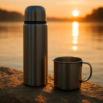 Термос и металлическая кружка стоят на тёплом камне у воды на рассвете